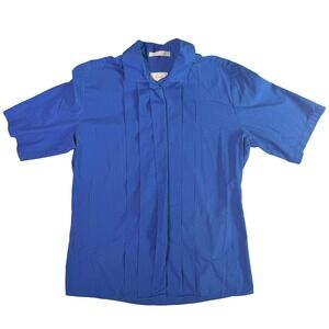 Foxcroft Vintage Minimalist Professional Womens Pleated Shirt Blue Cotton Blend